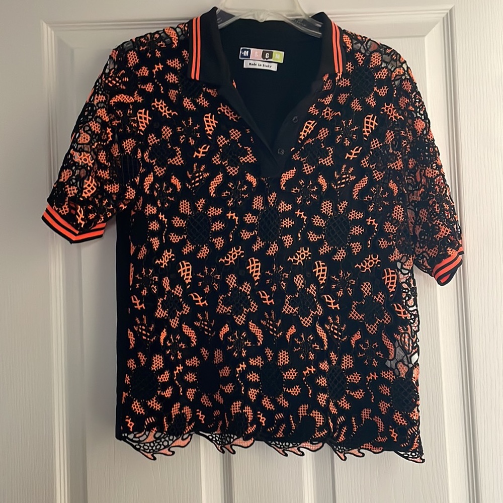 MSGM Black & Orange Broiderie-anglaise Polo Sz 42 IT/US M